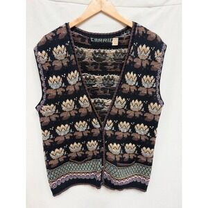 Carrie Vintage Wool Tulip Floral Knit Button Sweater Vest Wales Women Medium